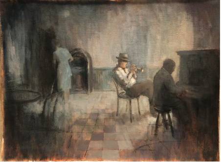 man sitting in empty bar playing trumpet with piano player in shadow on the right